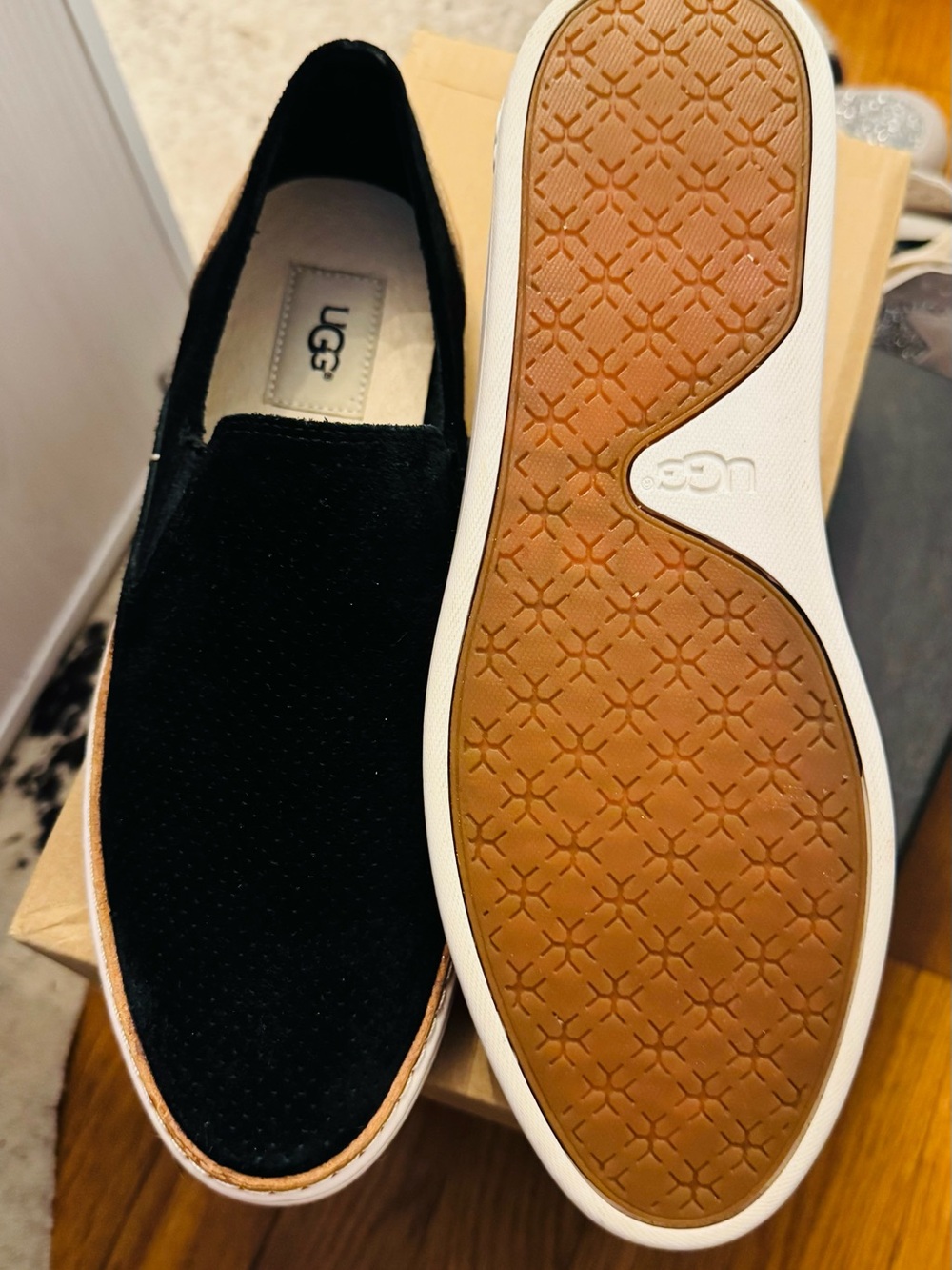 UGG women, very slick, Black Suede Slip-On Loafers with Tan Outsole